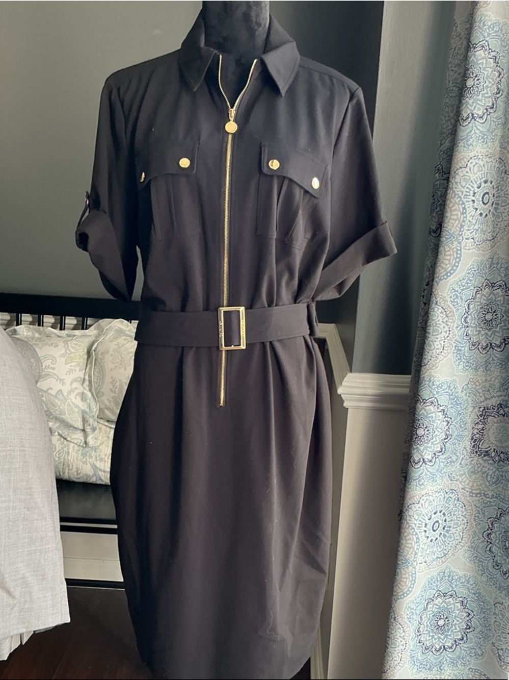 Calvin Klein Black Midi Shirt Dress with Gold Hardware